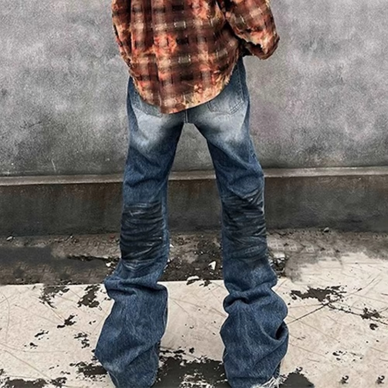 MIJKO High Street Frayed Washed Blue Dirty Flare Jeans Pants for Men and Women Ripped Damaged Casual Boot Cut Oversize Denim Trousers