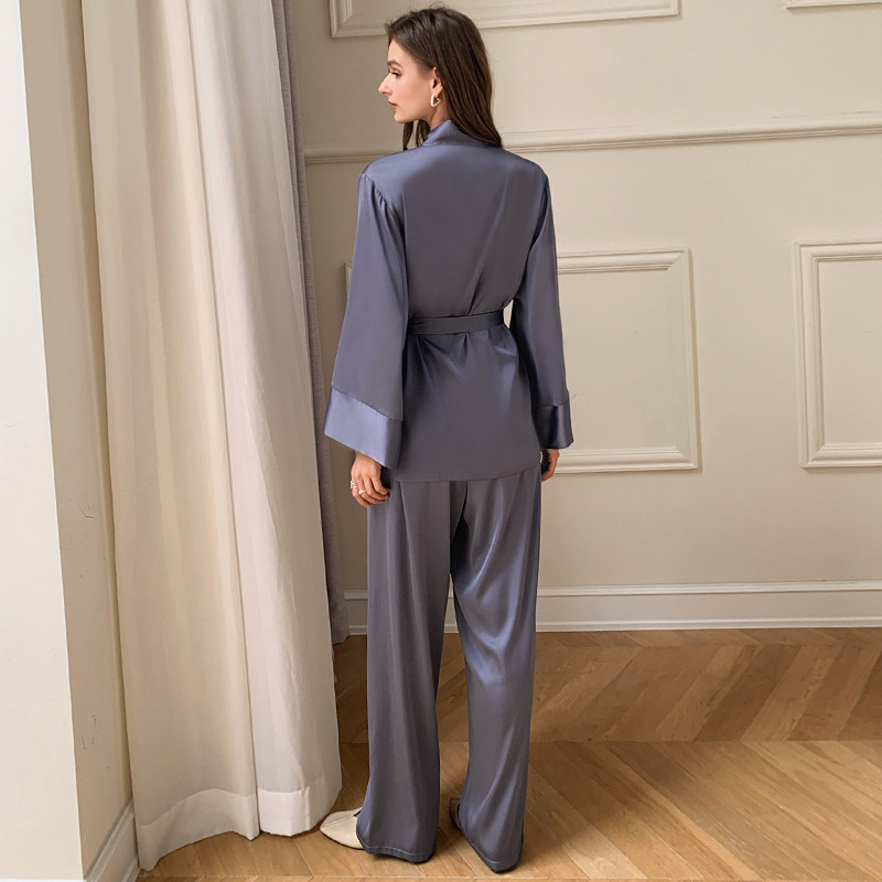 Women's long-sleeved satin chiffon pajamas, French-style ice silk home clothes long-sleeved top and long pants set
