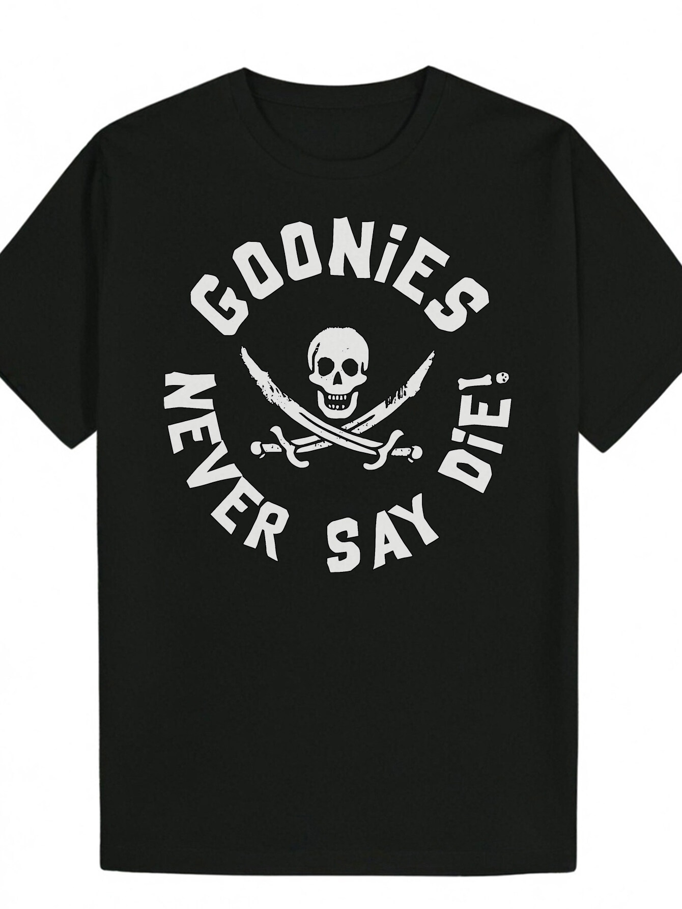 Men's Pirate Theme Pattern GOONIES Never Say Die Movie T-Shirt Summer Lightweight Breathable Black Shirt - Suitable for Meetings, Parties, and We