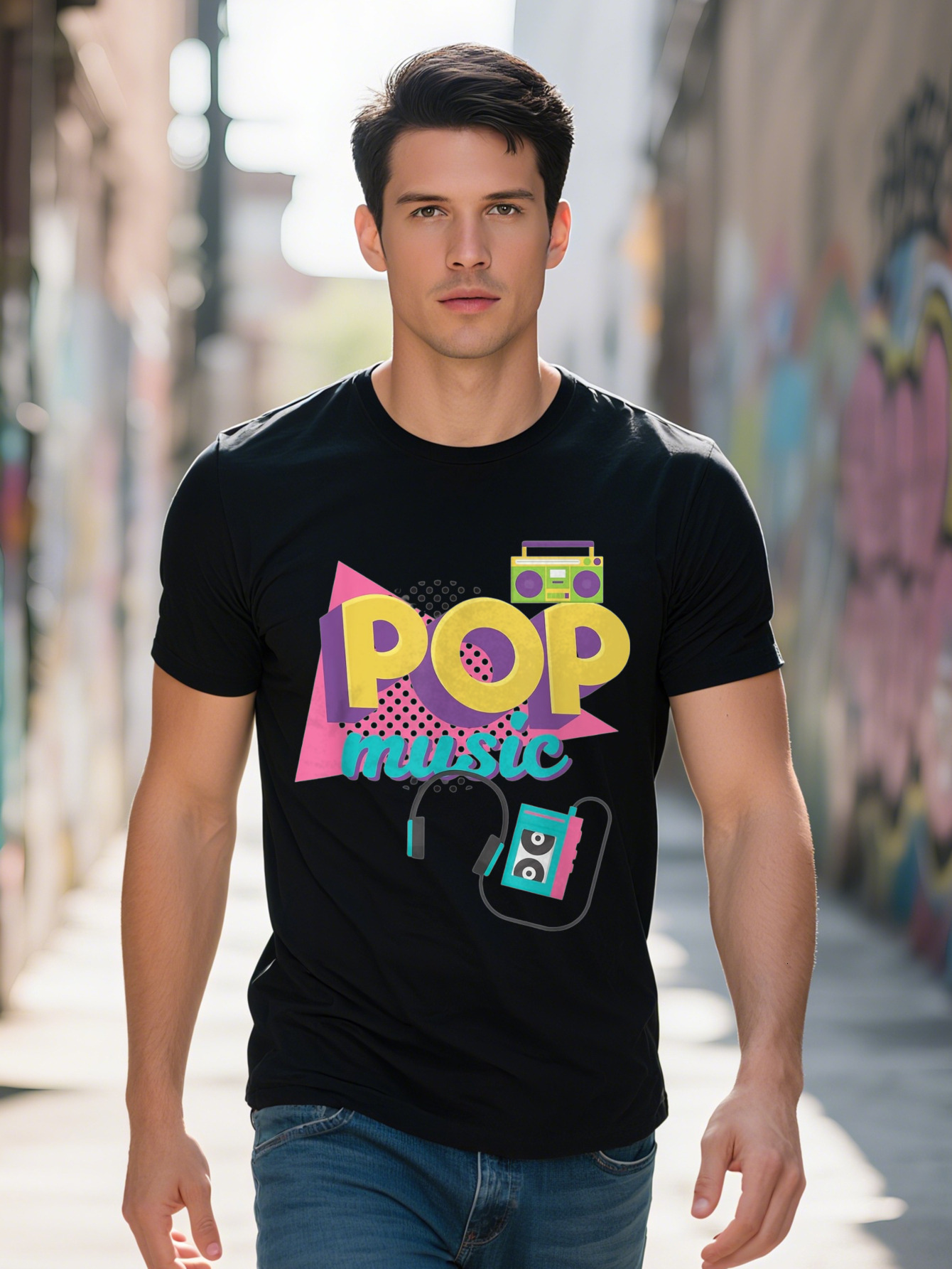 Men s Retro Pop Graphic T Shirt Cotton Pastel Vintage DJ Design with POP MUSIC Print Short Sleeve Round Neck