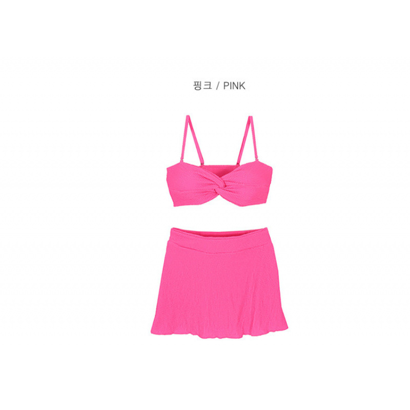 Solid Ribbed Three Pieces Bikini Set Swimsuit For Women Bandeau Push Up Swimwear And Beach Skirt Bathing Suit Beachwear