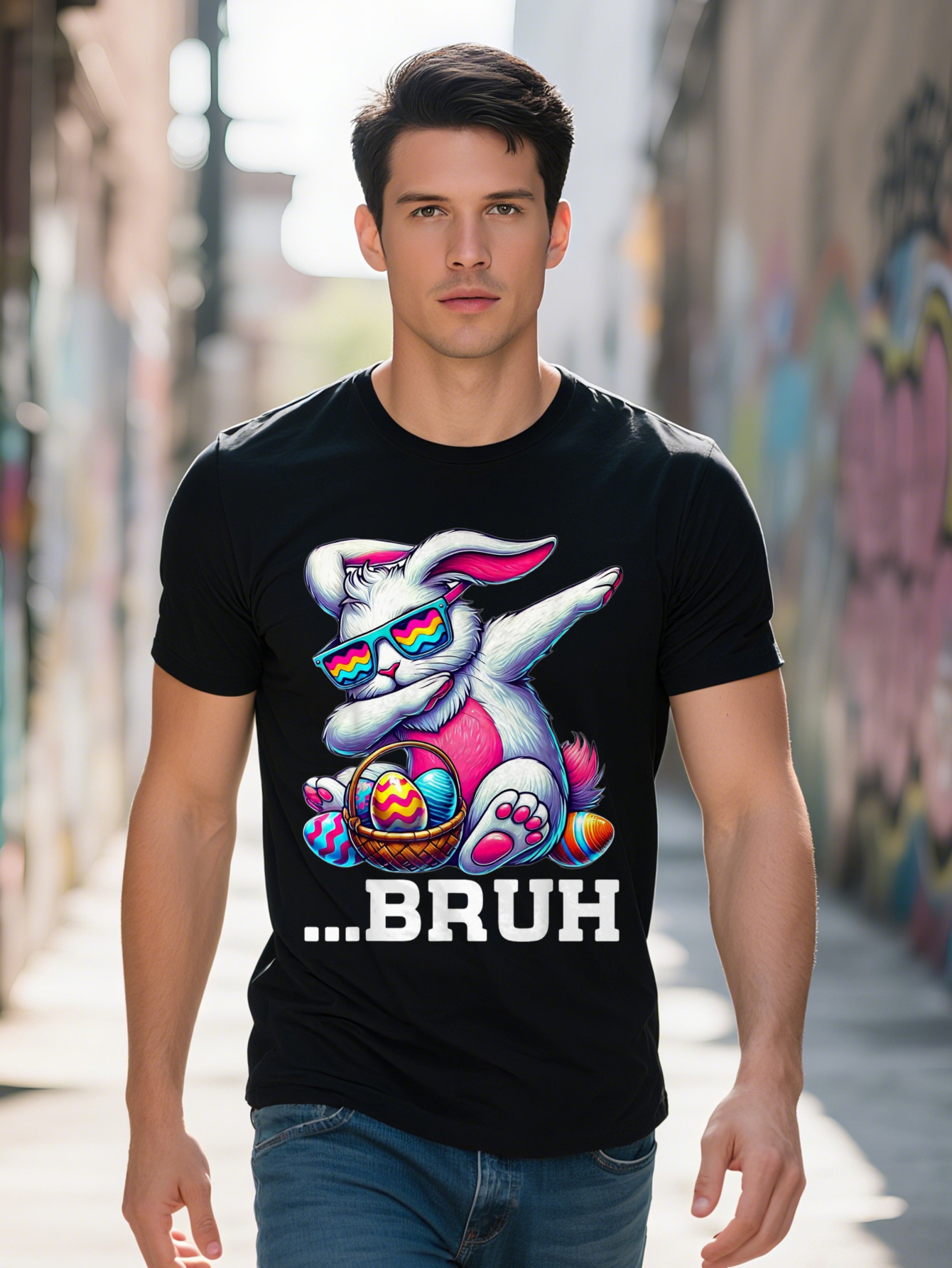 Playful Dabbing Rabbit with Fashion Glasses Easter Eggs Graphic T-Shirt Cotton Breathable Fabric Regular Fit