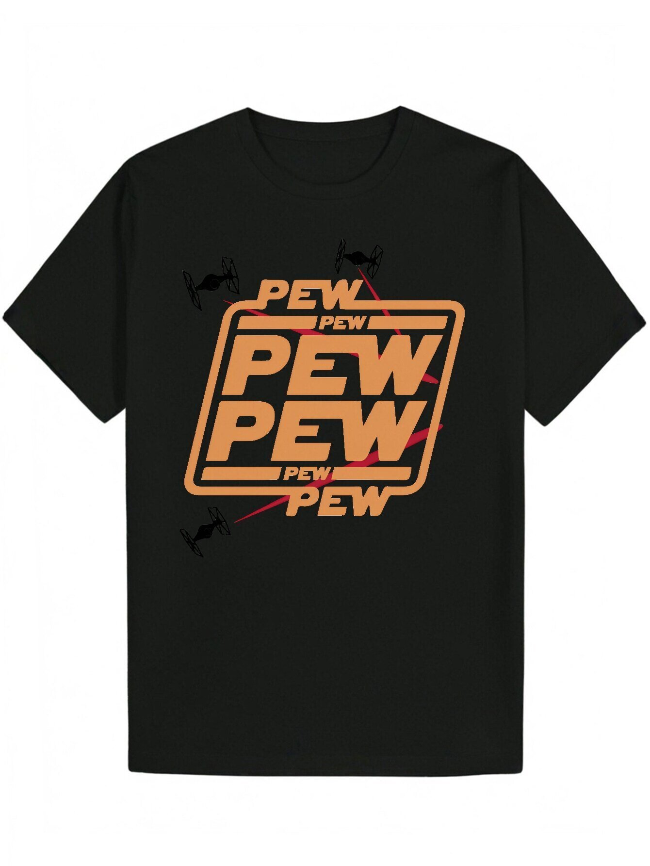Men's Round Neck T-Shirt, Bold 'PEW PEW' Letter Print, Short Sleeve, Regular Fit, Black with Red Accents, Lightweight Fabric, Suitable 