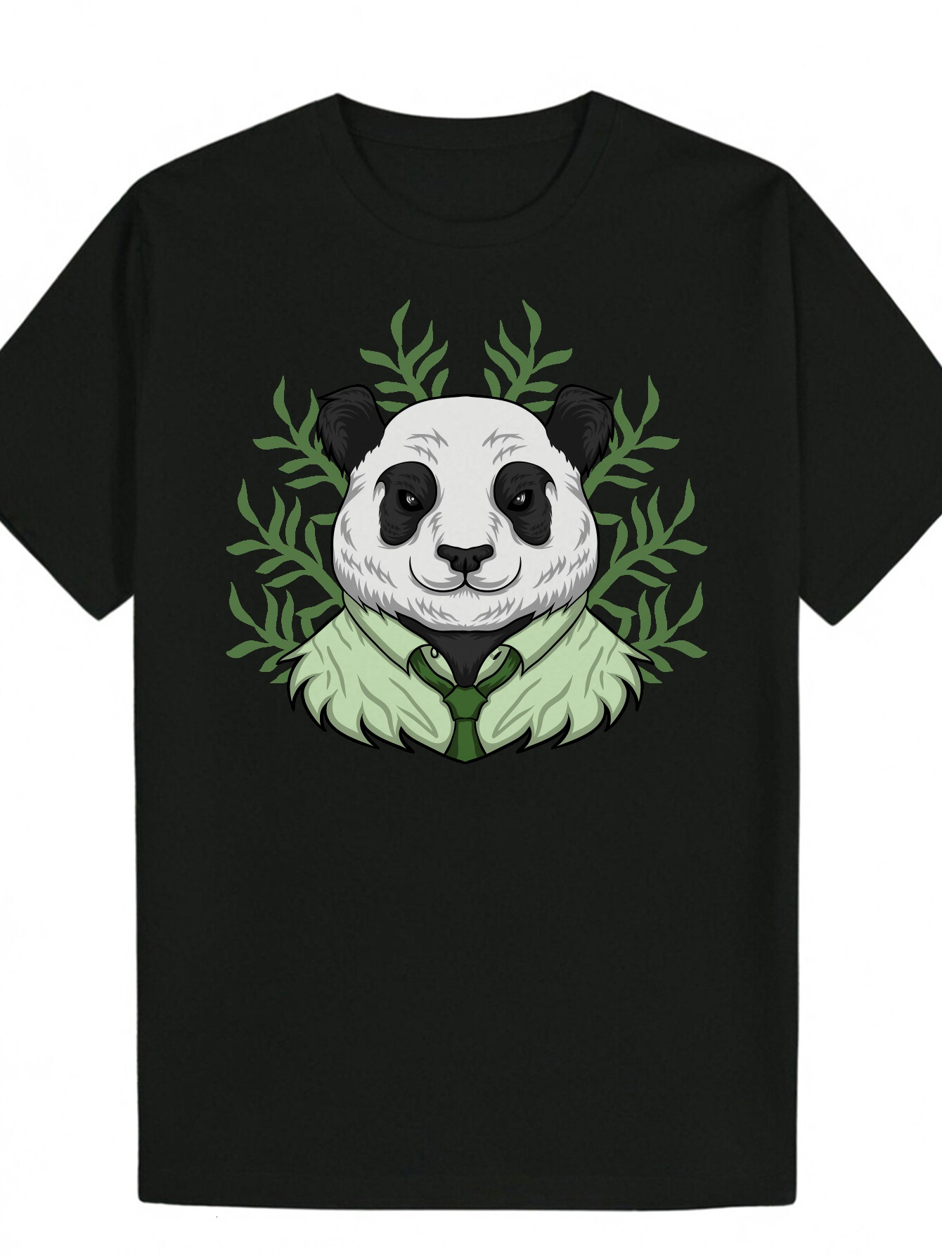Men's Summer Panda Pattern - Black Round Neck Polyester T-Shirt with Green Leaf Tie Design, Machine Washable, Lightweight and Breathable, Suitabl
