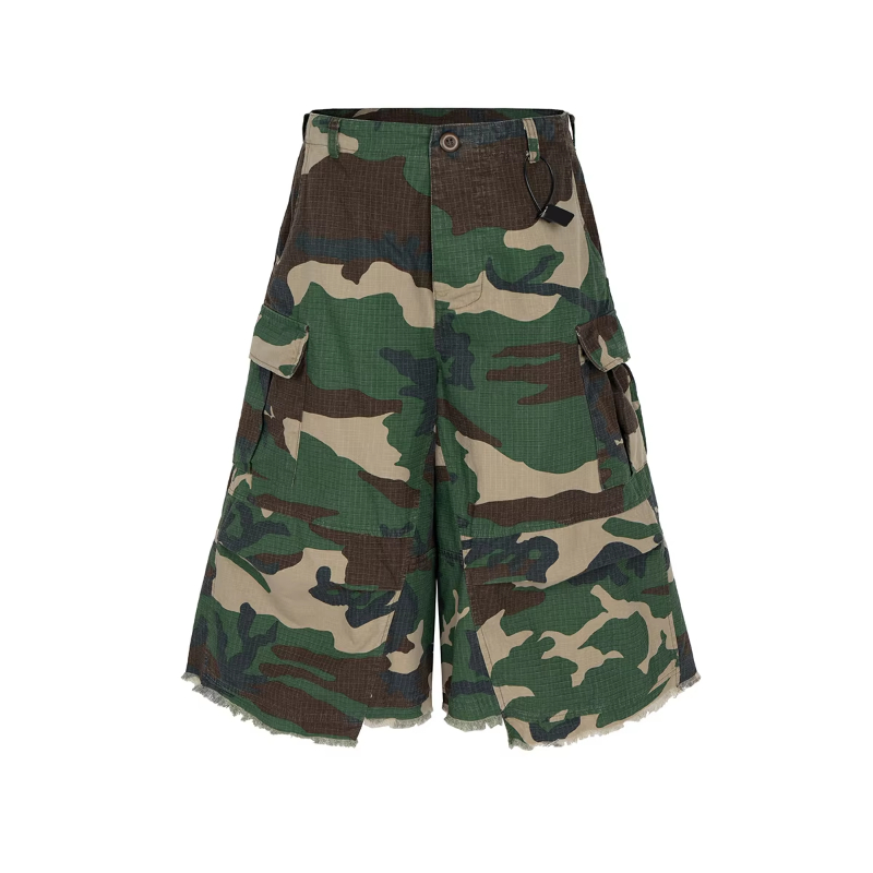 MIJKO Streetwear Camouflage Baggy Over Knee Cargo Shorts for Men Wide Leg Patchwork Casual Loose Trousers Summer Multi-pockets Short