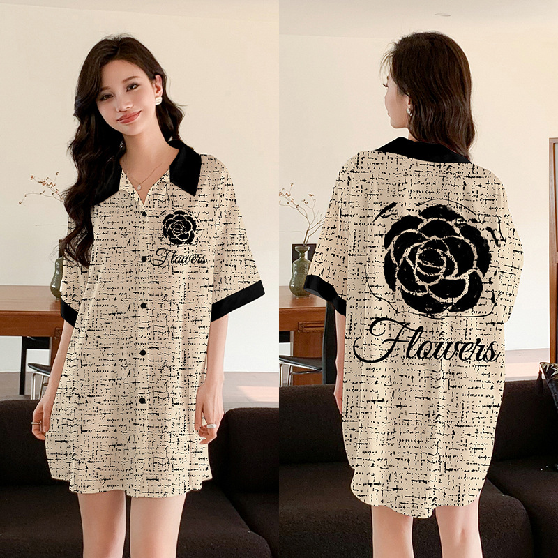 Outfits For Woman New style ice silk cardigan with turned-up collar nightgown for women loose silk home clothes
