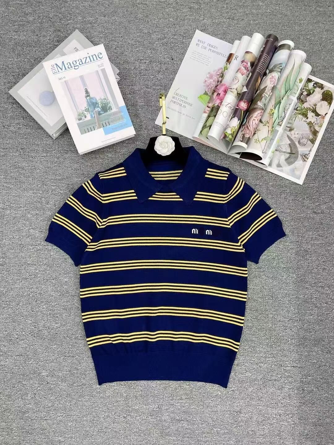 Women turn down collar color block stripe knitted logo embroidery knits tees SMLXL