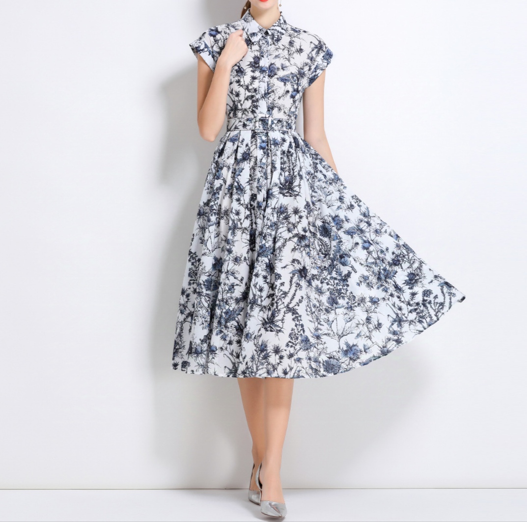 Korean chic single breasted shirt long skirt fashion celebrity temperament lapel waist halo print a line dress