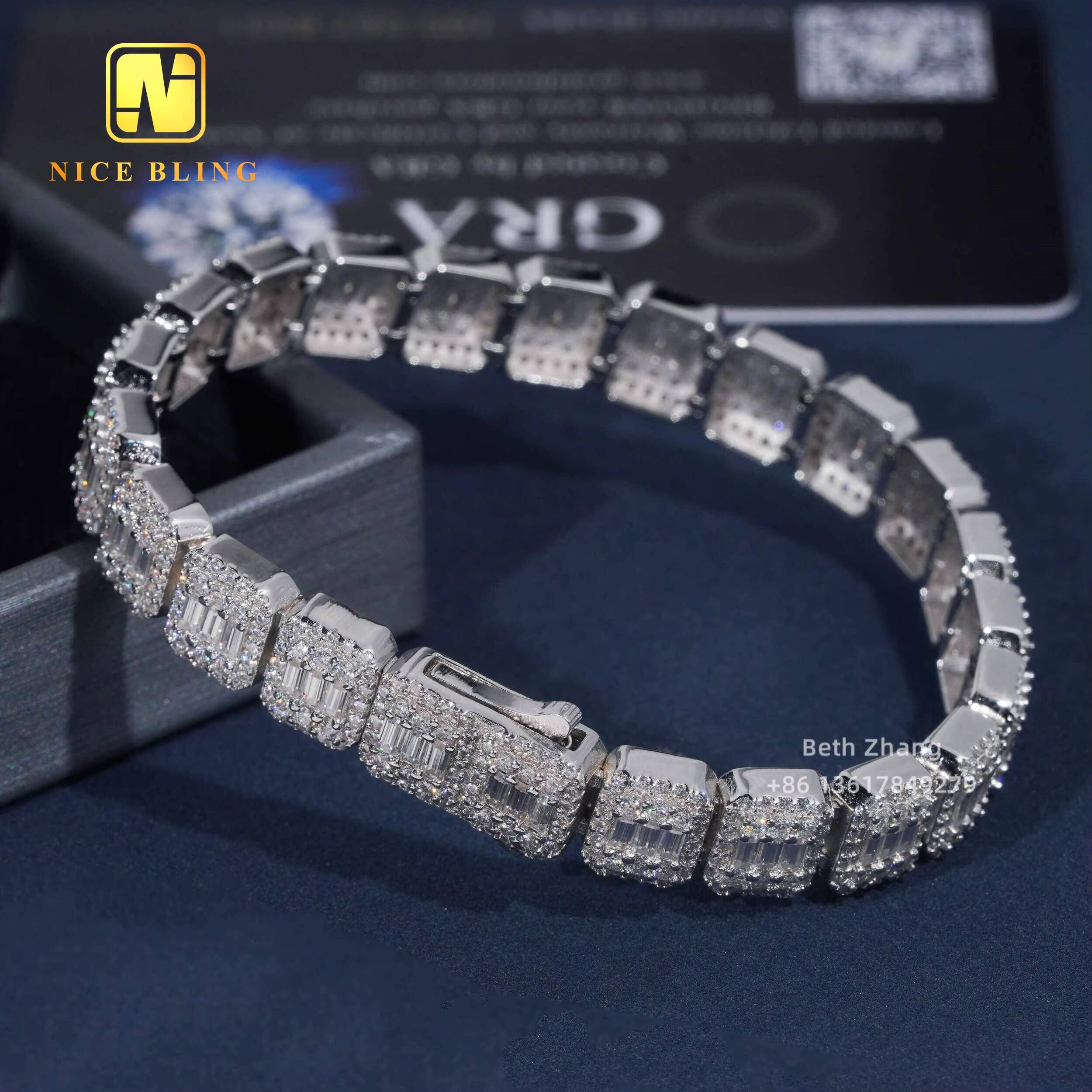 Baguette Moissanite Cuban Bracelet Fashion Hip Hop Iced Out Jewelry 9mm VVS Moissanite Diamond Cuban Link Chain Bracelet for Men