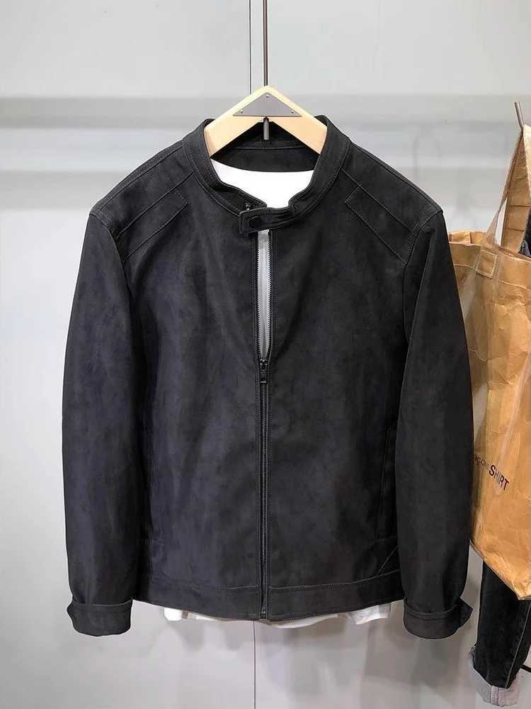 Mens Suede Cropped Biker Jacket with Stand Collar Slim-Fit Retro Spring Autumn Stylish Casual Zip Bomber Coat Outerwear Z250802