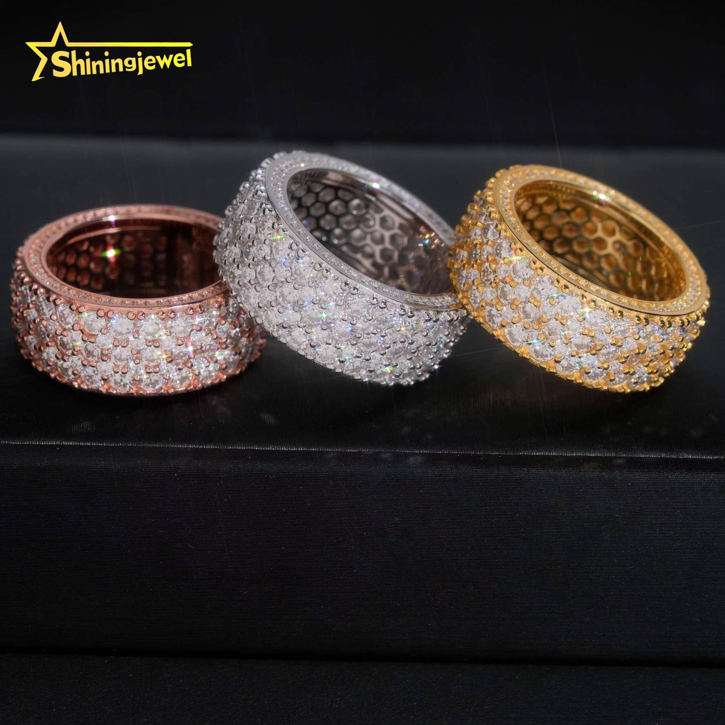 Luxury 3Rows Round Cut Diamond Fully Iced Out Band Ring VVS Moissanite Hop Jewelry 925 Sliver Gold Plated Mens Rings