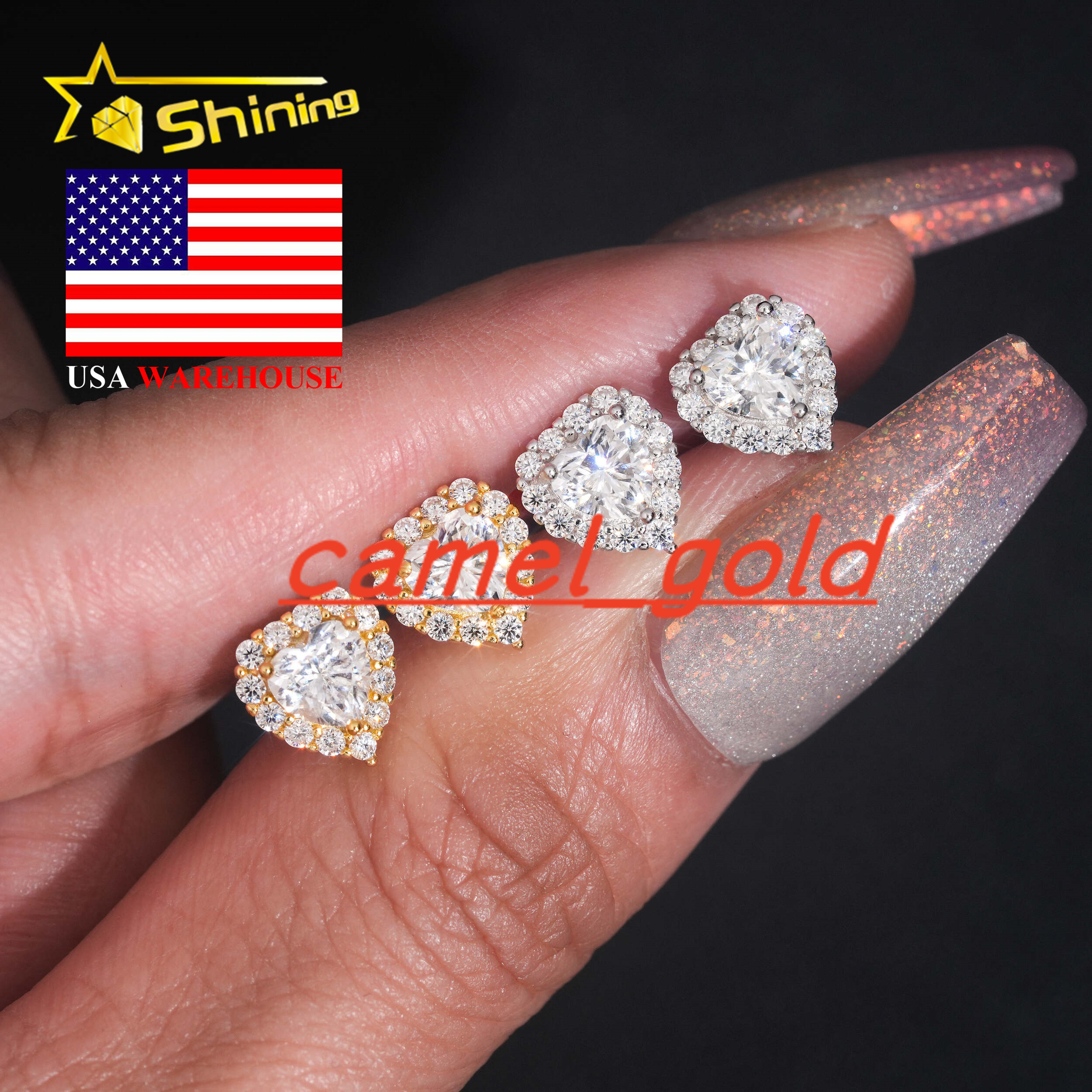 US Warehouse Fast Shipping Hip Hop Jewelry 925 Sterling Silver VVS Diamond Heart Cut Iced Out Moissanite Stud Earrings