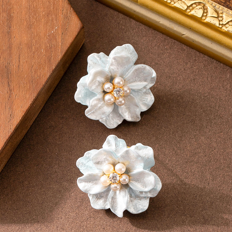 Super Fairy Elegant Fashion Style Dia-Encrusted Pearl Floral for Women High-End Temperament Fresh Sier Needle Earrings