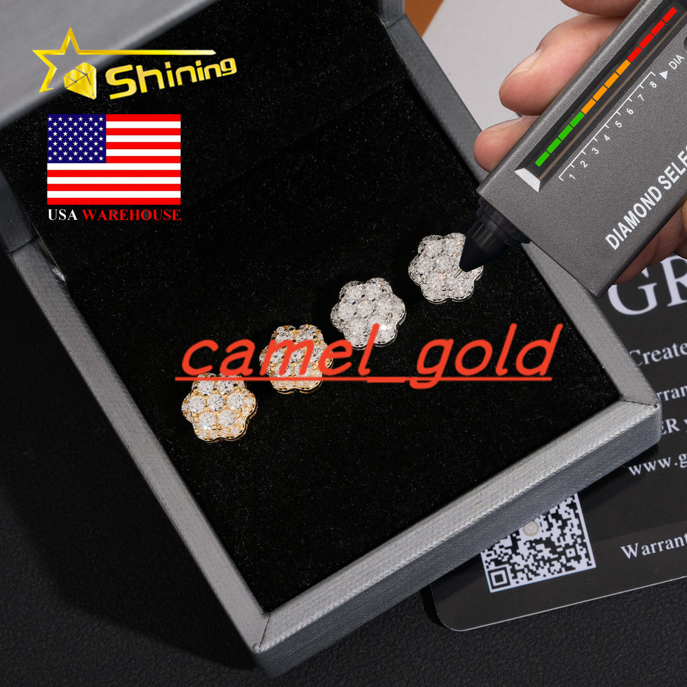 USA Warehouse Local Shipping 925 Sterling Silver Gold Plated Pass Diamond Test Moissanite Flower Cluster Screw Back Stud Earring