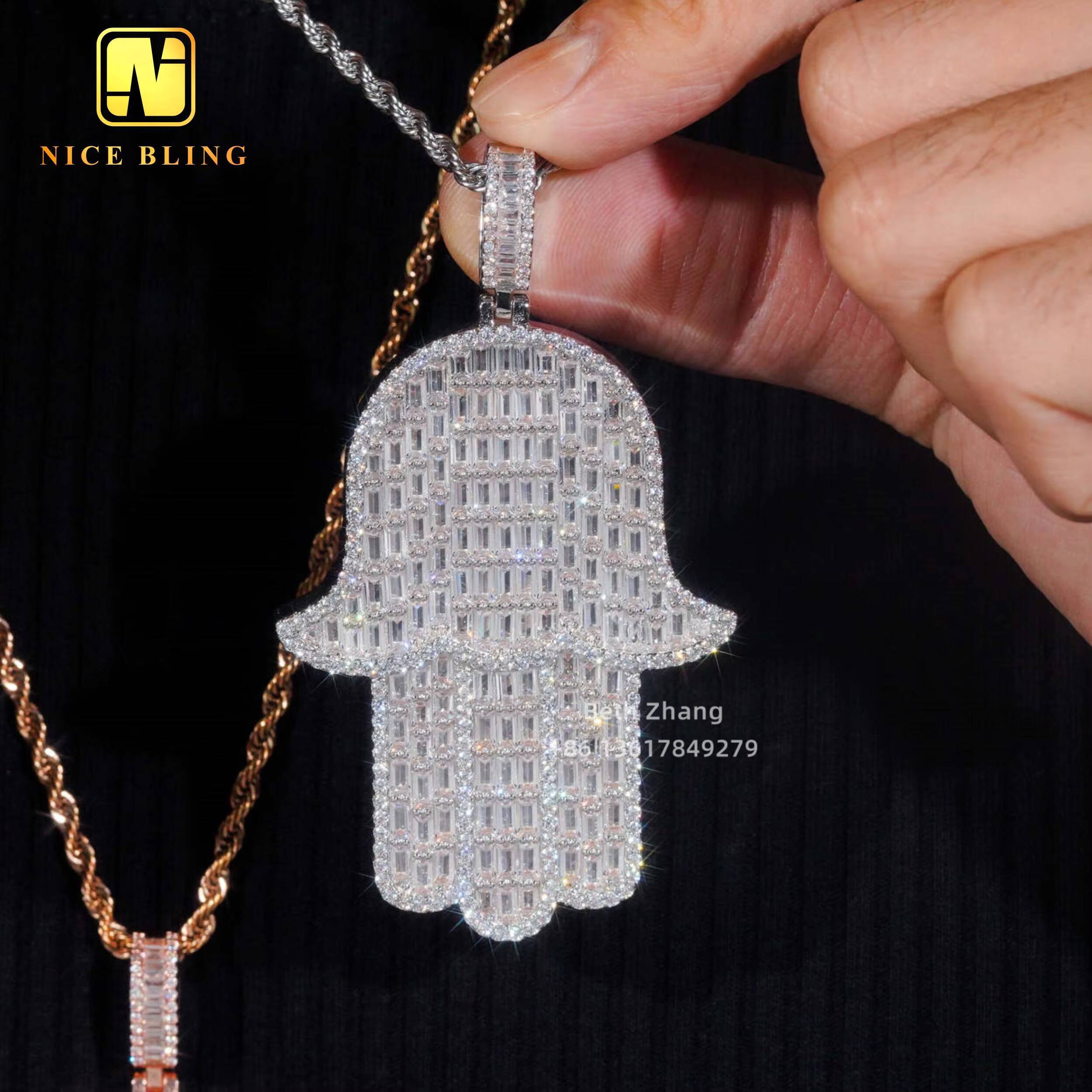 3Inch Hand Shaped Pendant Hip Hop Baguette Cut CZ Diamond Iced Out Hamsa Hand Pendant Men Brass Jewelry