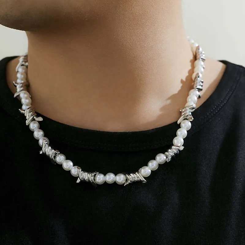 Fashion Metal Thorns Knot Pearl Choker Necklace For Women Men Punk Hip Hop White Imitation Pearl Beaded Necklace Jewelry Y250620
