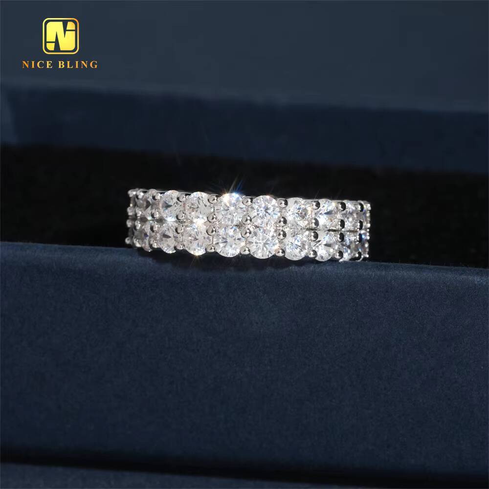 3MM Diamond Two Rows Ring Hip Hop CZ Rapper Brass 5A Cubic Zirconia Fine Jewelry Diamond Iced Out Ring for Men Daily Wear