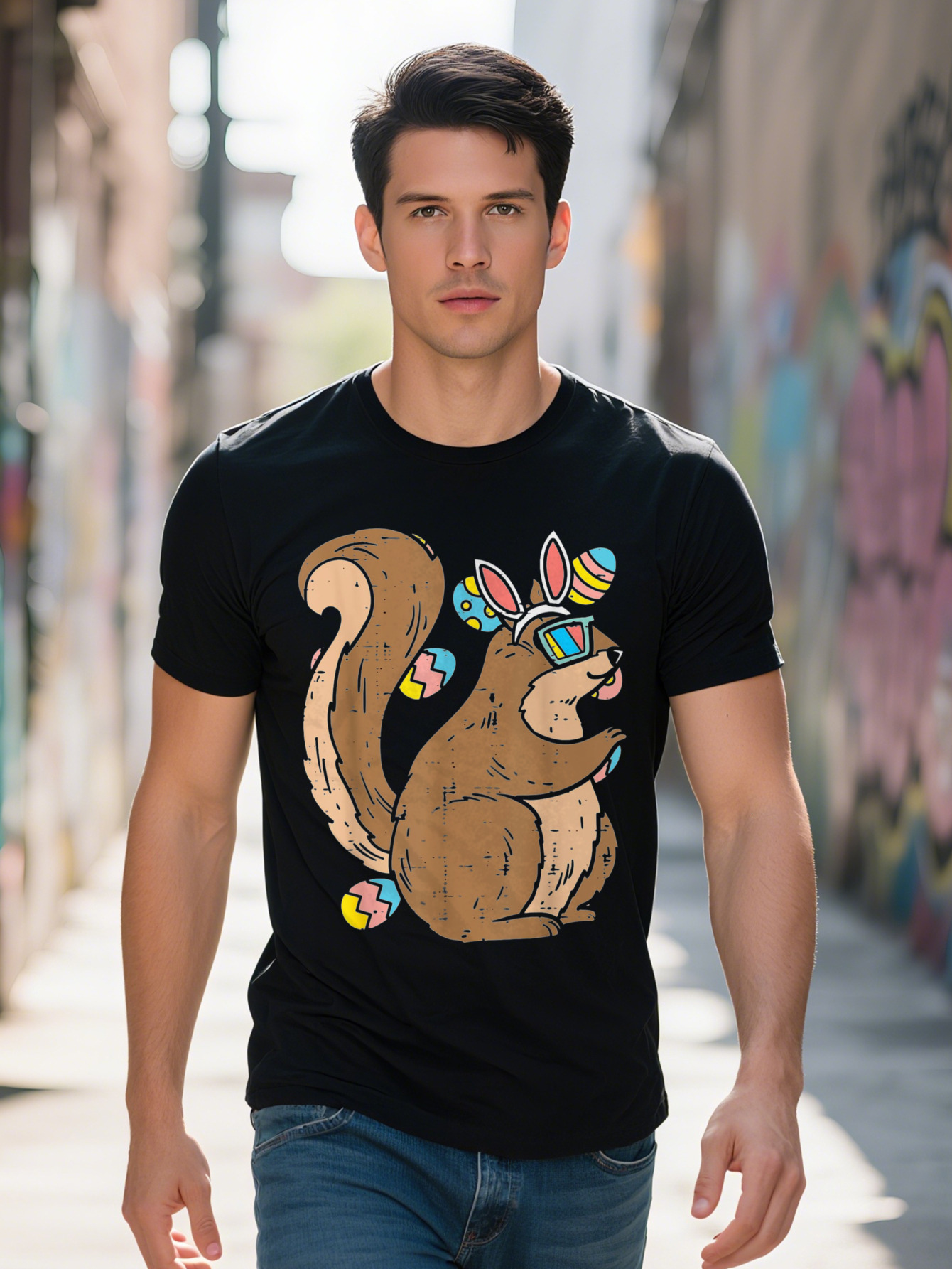 Men s Short Sleeve T Shirt Cotton gsm Black Squirrel with Bunny Ears Easter Eggs Graphic Tee Regular Fit