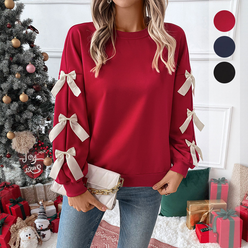 OC50020 Autumn and Winter Women's Hoodie Christmas Sweet Top Round Neck Bow Loose Fitting Pullover Sweater S9320