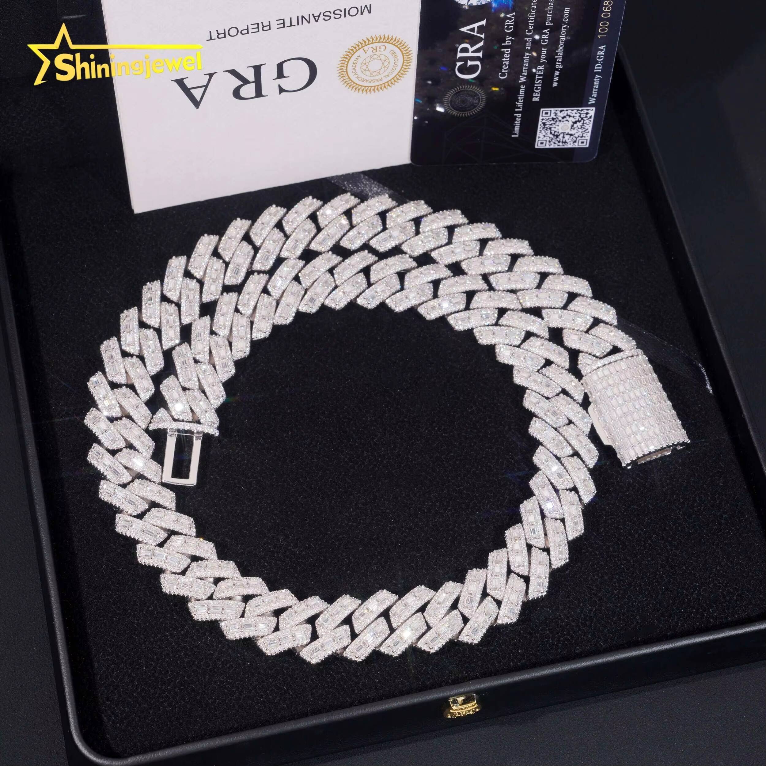 Luxury Hip Hop Fine Jewelry Heavy 18mm 925 Sterling Silver Moissanite Baguette Iced Out Cuban Link Chain Necklaces