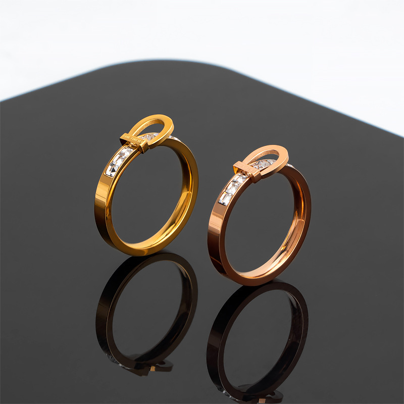 Rose Gold Tone Stainless Steel Open Band Ring with Diamond Embellishment, Preppy Style Korean Couple Engagement Ring