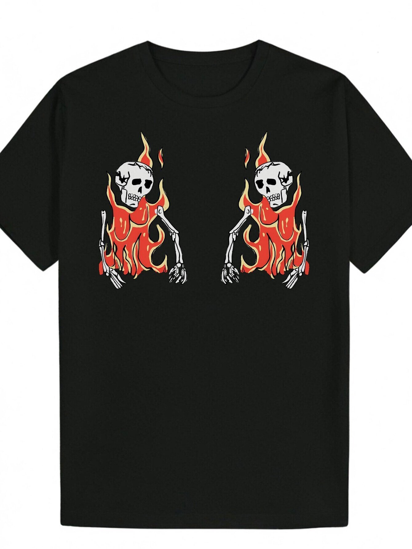Men's Summer Round Neck Polyester with Fiery Pattern, Hand Design, Dark Color, Comfortable for Casual Wear, Skull T-Shirt