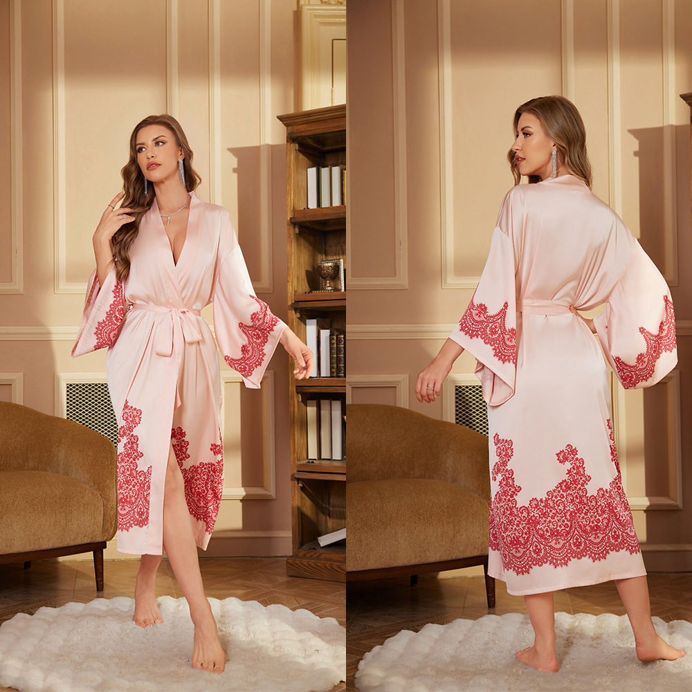 Outfits For Woman New Female Long Robe Nightgown Spring Summer Silk Satin Kimono Bathrobe Sleepwear Loose Silk Satin Home Dressing Gown Loungewear