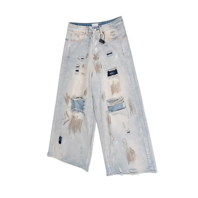 MIJKO Distressed Hole Ripped Mud Dyed Silhouette Baggy Jeans for Men Wide Leg Harajuku Loose Denim Trousers Oversized Casual Cargos