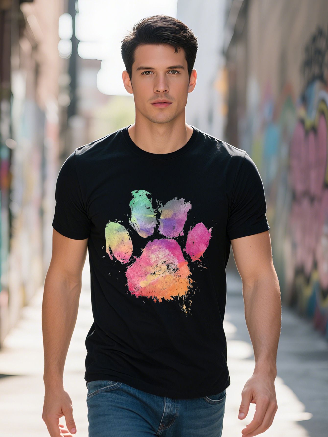 Cat Dog Paw Print Watercolor Rainbow Abstract Animal Lover T Shirt