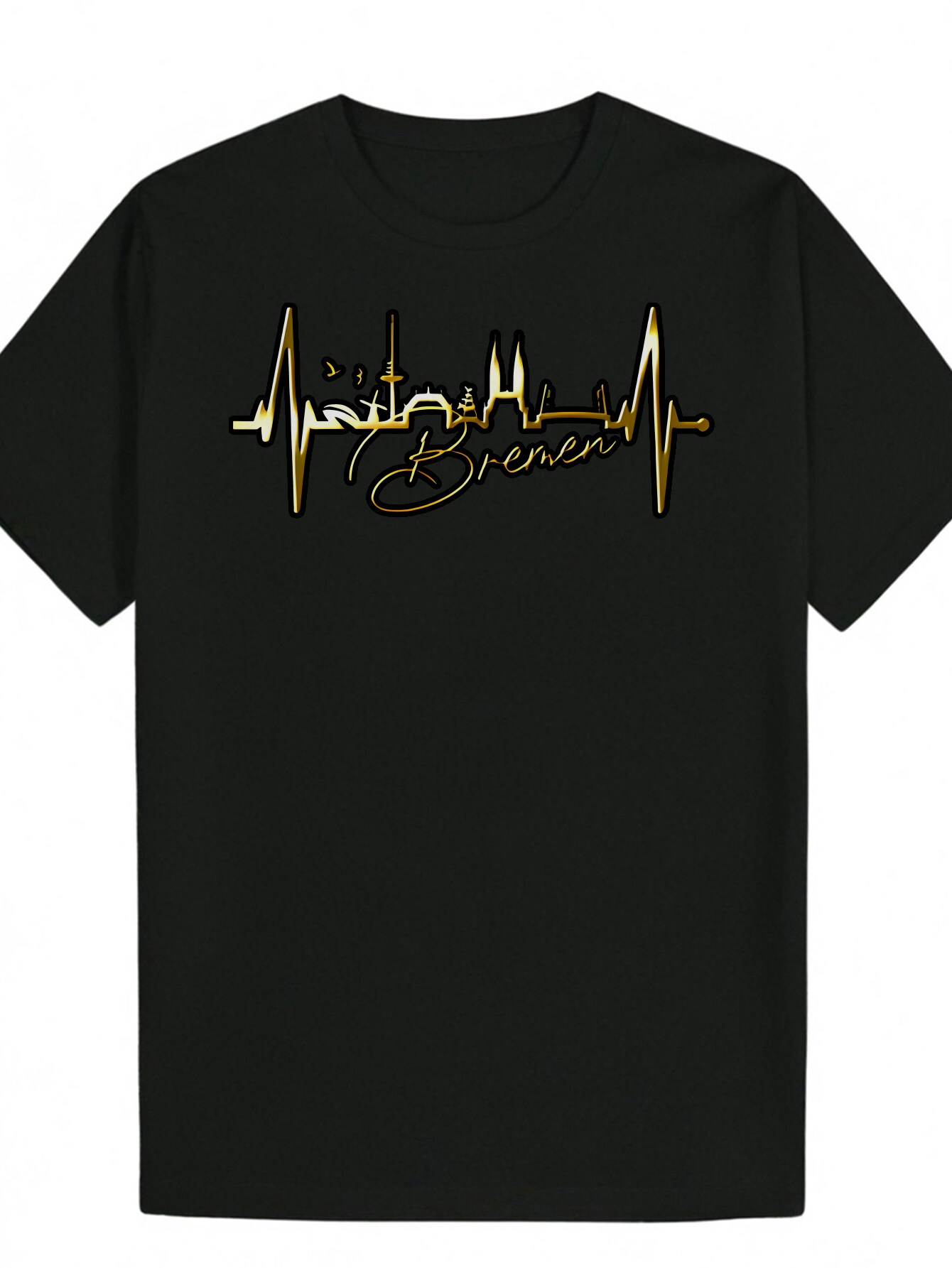Men's Summer Casual Pattern T-Shirt - Black with Gold Heartbeat Line and "Always Breathe" Print, Breathable Polyester, Regular Fit, Mac