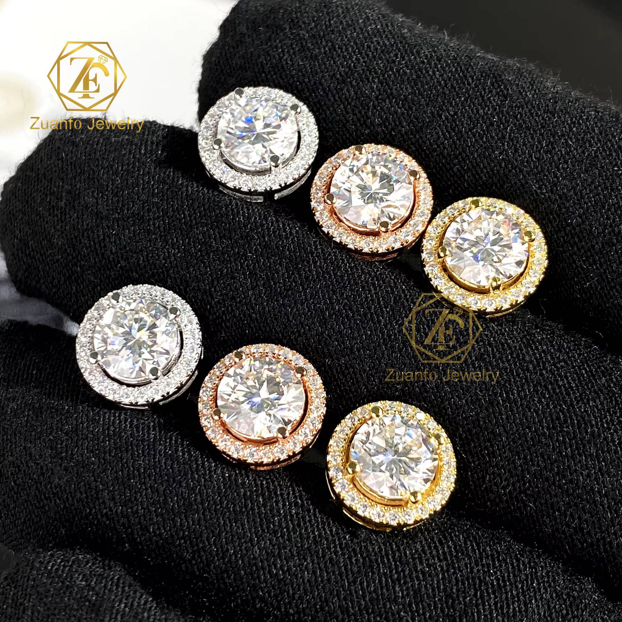 Wholesale Manufacture 925 Sterling Silver Iced Full Vvs Moissanite Round Stud Earrings Flower Pattern Men Women Weddings Gifts