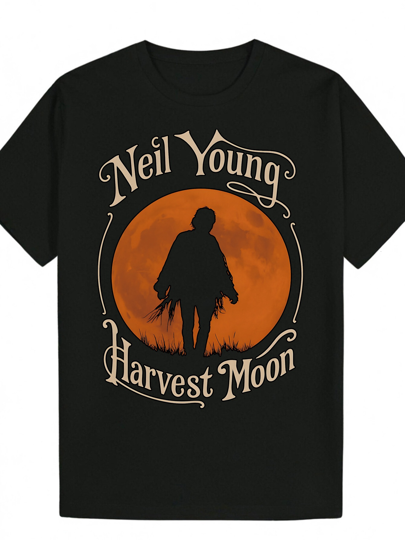 Men's Graphic Harvest Moon & Neal Young Inspired Black with Orange Letters Lightweight Breathable Polyester Casual Daily and T-Shirt - Machine Wa