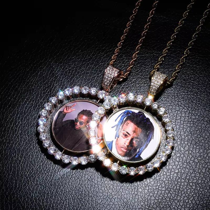 Fashion Hip Hop Memory Brass Zircon Rotatable Double Sided 1.7 Inches Circular Photo Pendant