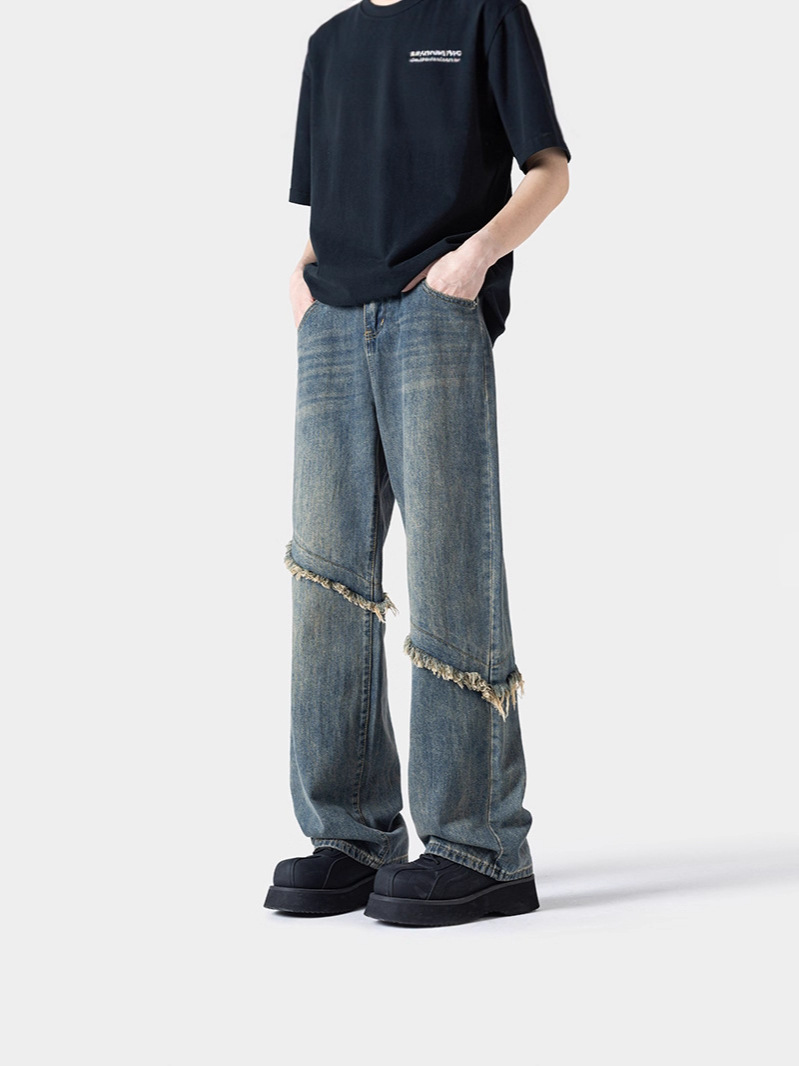 Relaxed-Fit Distressed Design Boyfriend Style Blue Jean Pants