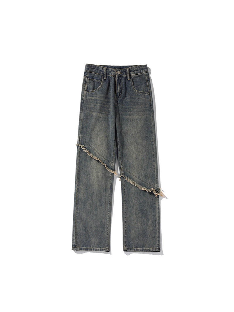 Relaxed-Fit Distressed Design Boyfriend Style Blue Jean Pants