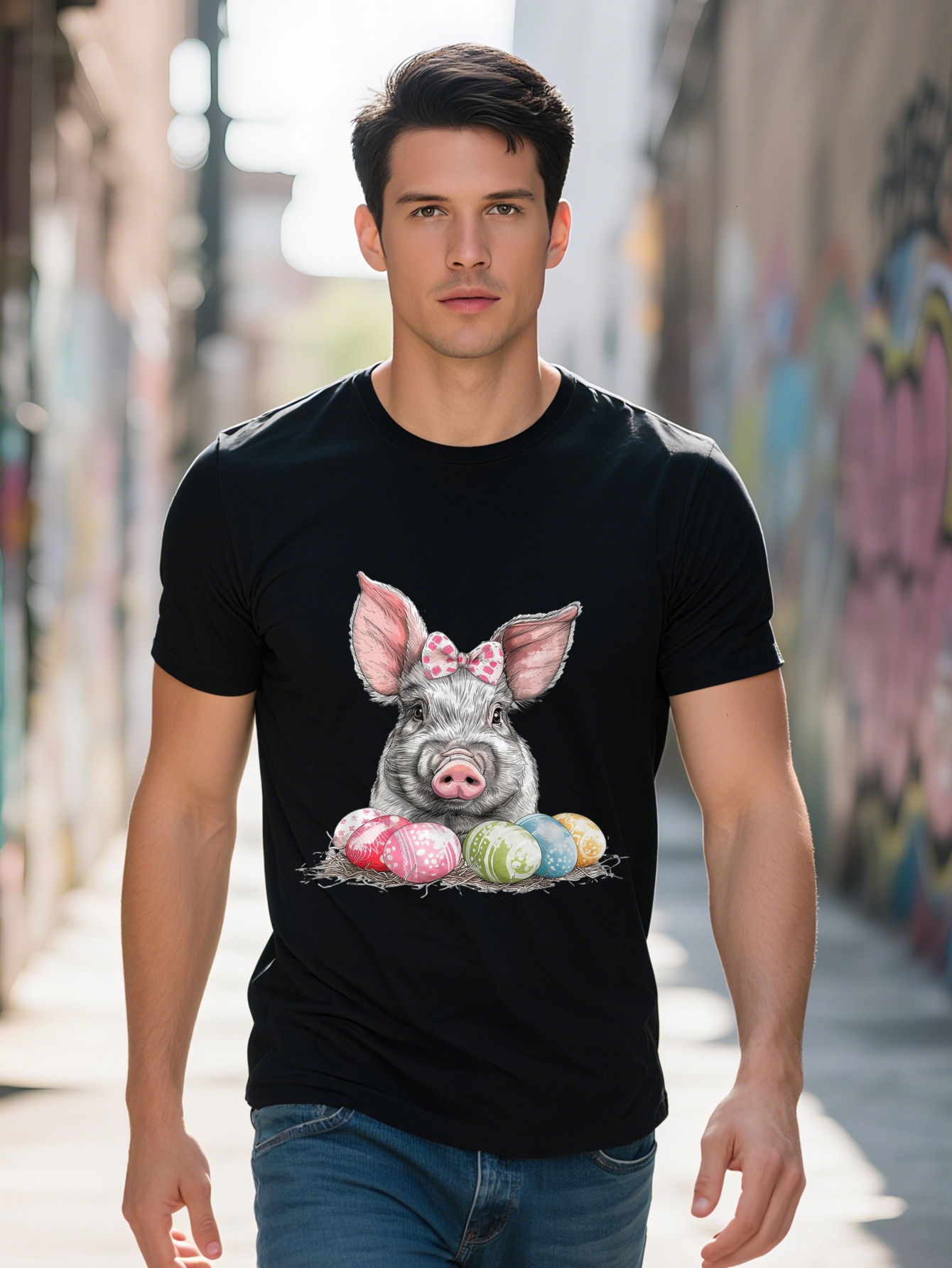 Day Pig Egg Funny Graphic Tee for Men Women Cotton Breathable Fabric Short Sleeve Shirt