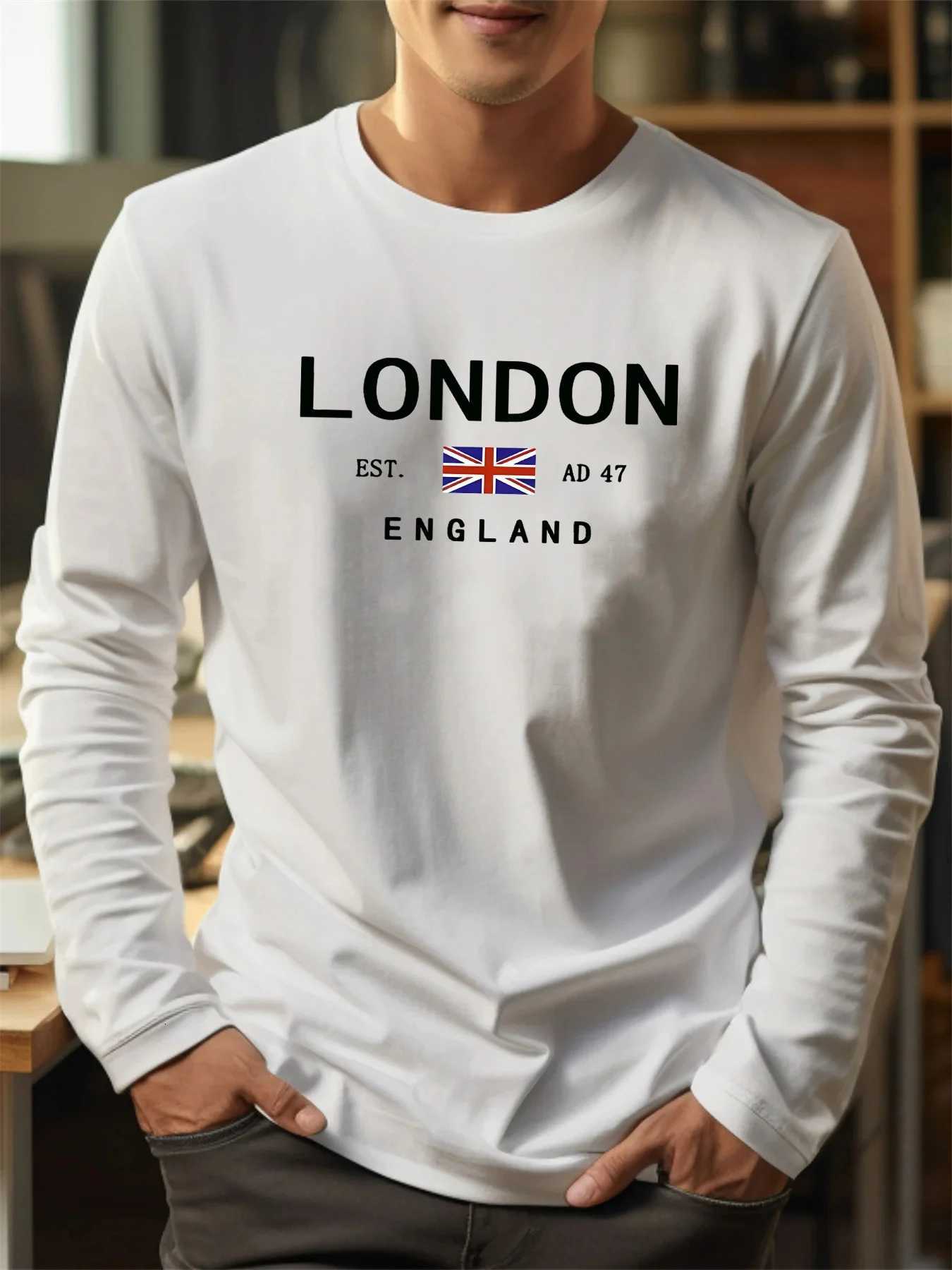 100% Pure Cotton Loose and Comfortable Sports Casual London English Letter Printed Round Neck Long Sleeve T-shirt Top X250802