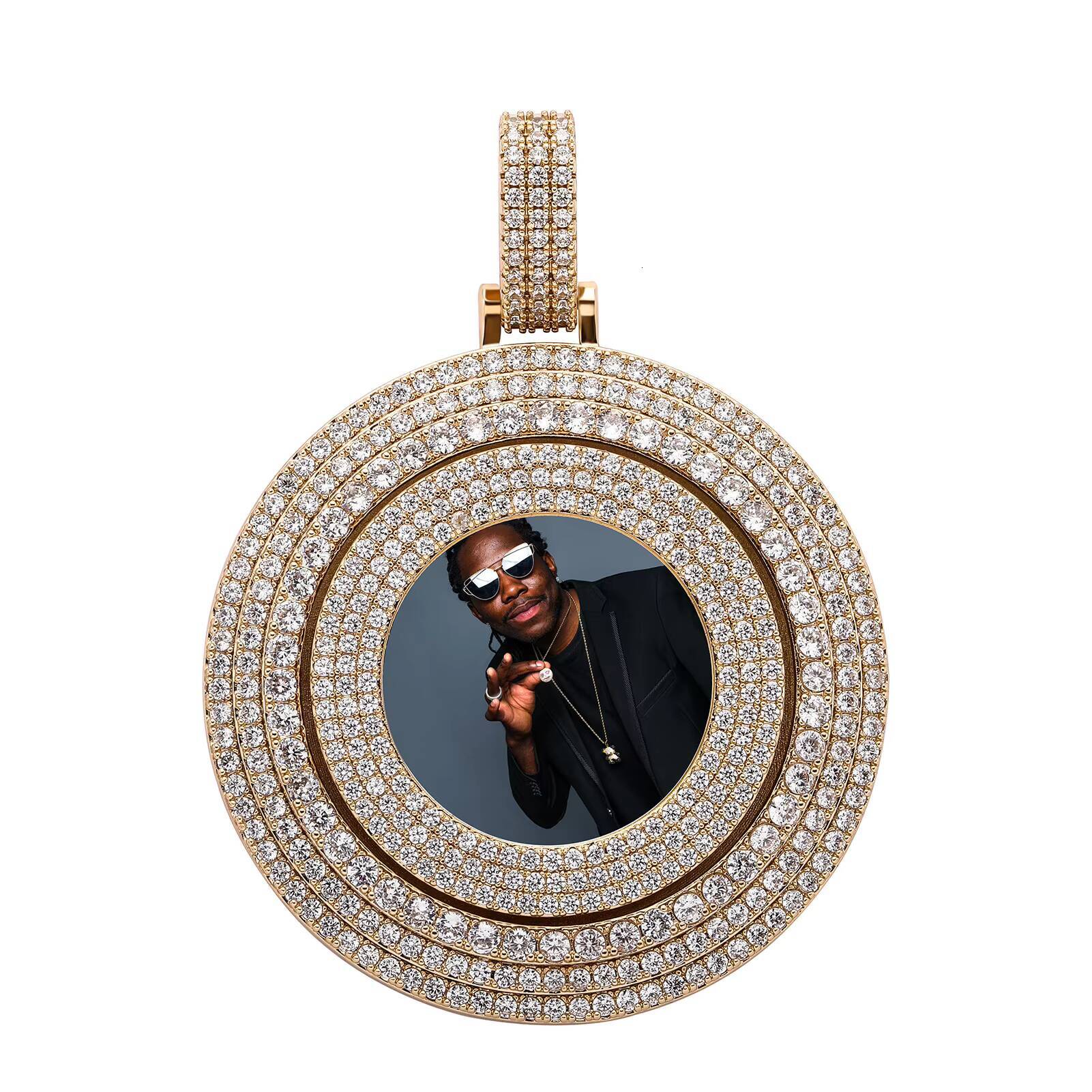 Custom Bling Hip Hop Jewelry 18k Gold Plated Iced Out Memory Medallion Circle Picture Photo Pendant for Men Women