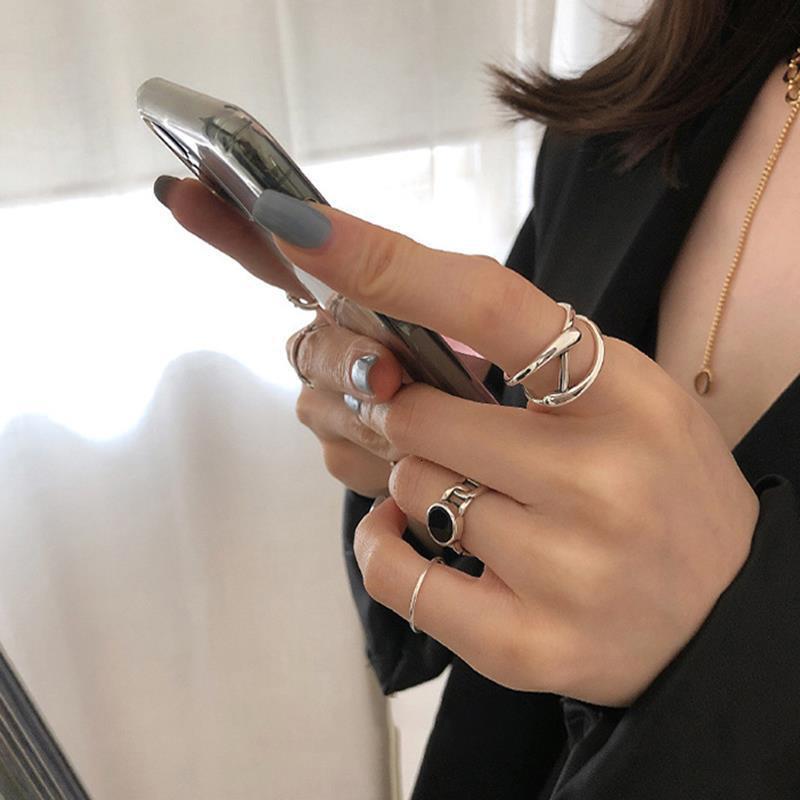 Silver Plated Black Geometric Round Ring, Korean Style Twisted Band Women's Fashion Jewelry