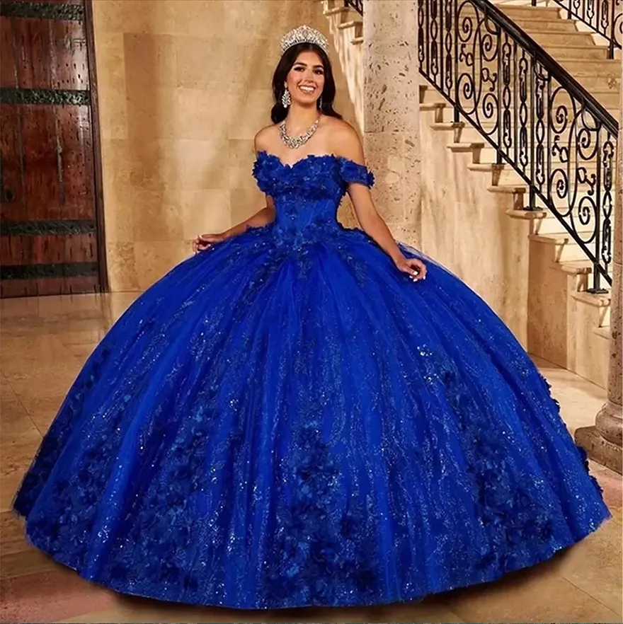 Princess Royal Blue Quinceanera Dress Off Shoulder Sweetheart Beading With 3D Flowers Ball Gown Elegant Tulle Dresses
