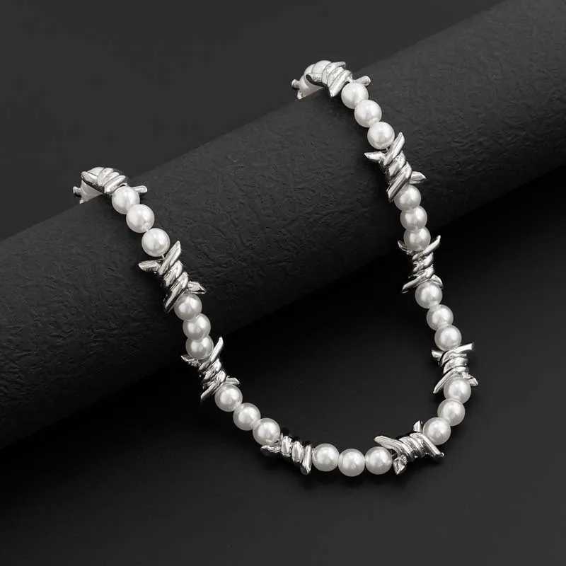 Fashion Metal Thorns Knot Pearl Choker Necklace For Women Men Punk Hip Hop White Imitation Pearl Beaded Necklace Jewelry Y250620