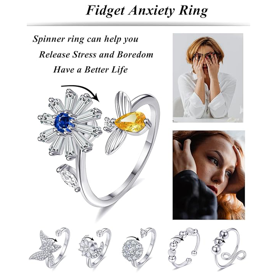 6Pcs Fidget Anxiety Spinner Ring Adjustable Open Ring Cubic Zirconia Sunflower Windmill Butterfly Moon Bead Stress Relief Stackable Rings for Women Si