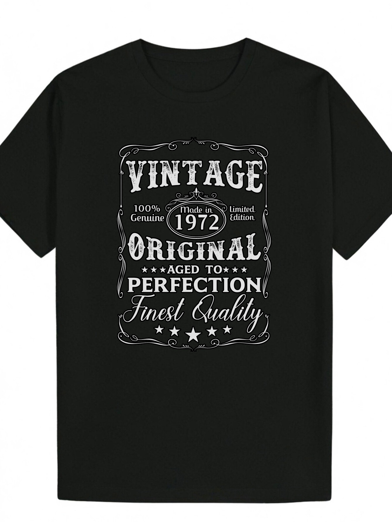 1972 Pattern - Black Crew Polyester T-Shirt with "YINTAGE PERFECTION" Print, Men's Summer Style, Casual Wear|Round Neck Shirt|Patterned