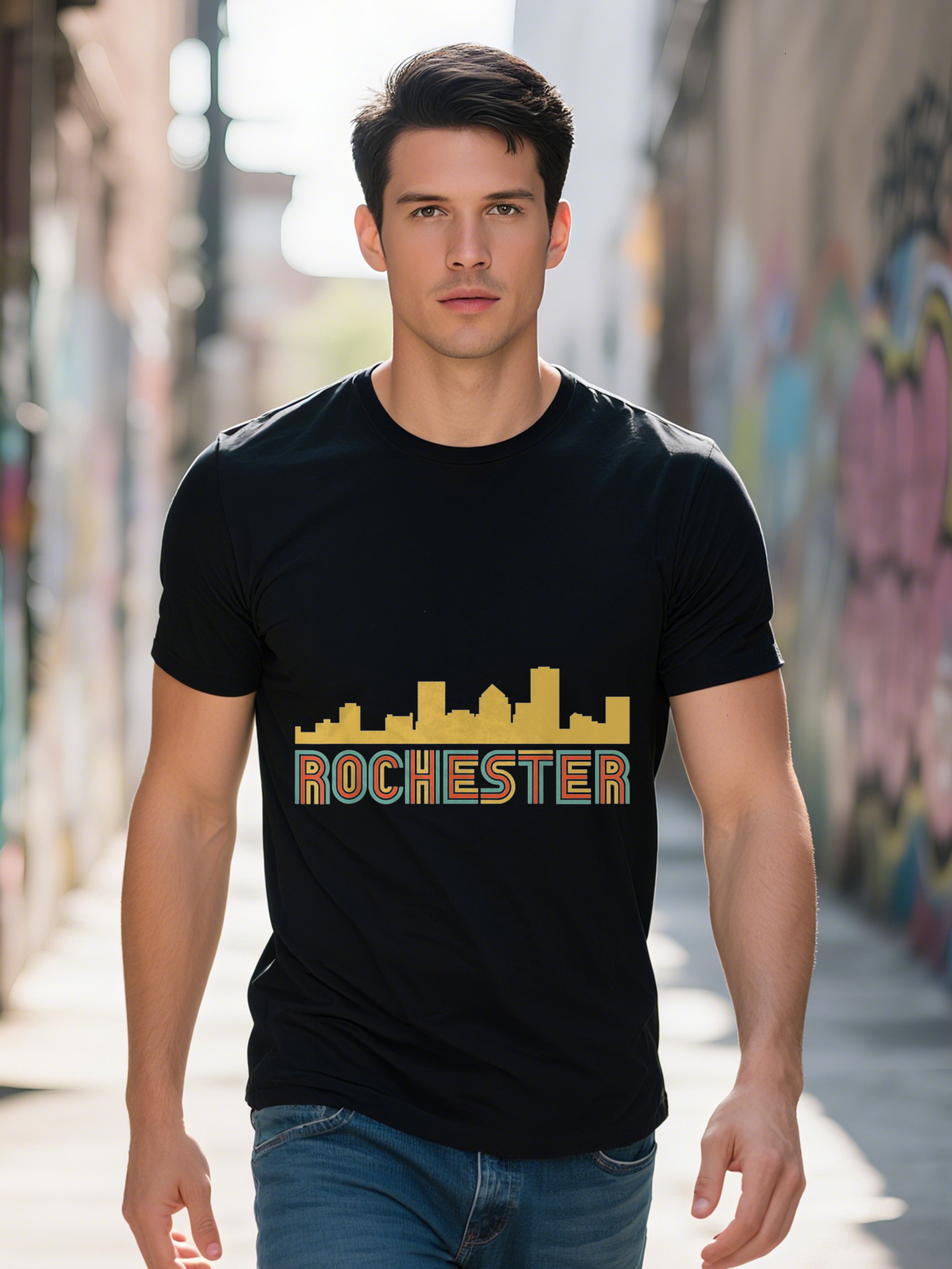 Men s Vintage Rochester NY Skyline Graphic Tee Cotton Short Sleeve Crew Neck in Black with Colorful Cityscape