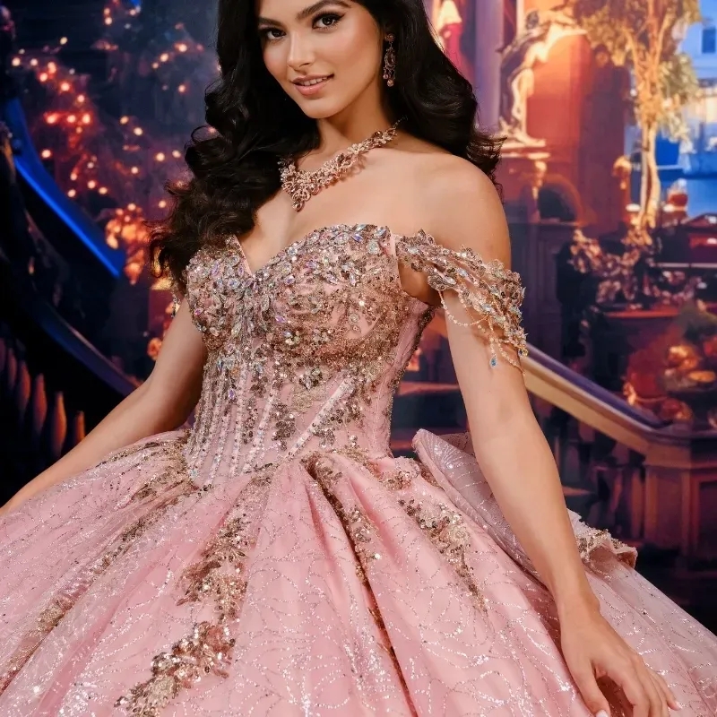 Pink Shiny Quinceanera Dresses Sequin Appliques Lace Glitter Ball Gowns Tull Off-shoulder Vestidos De 15 Anos Birthday Party Sweet 16 Dress