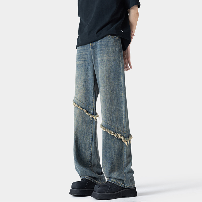 Relaxed-Fit Distressed Design Boyfriend Style Blue Jean Pants