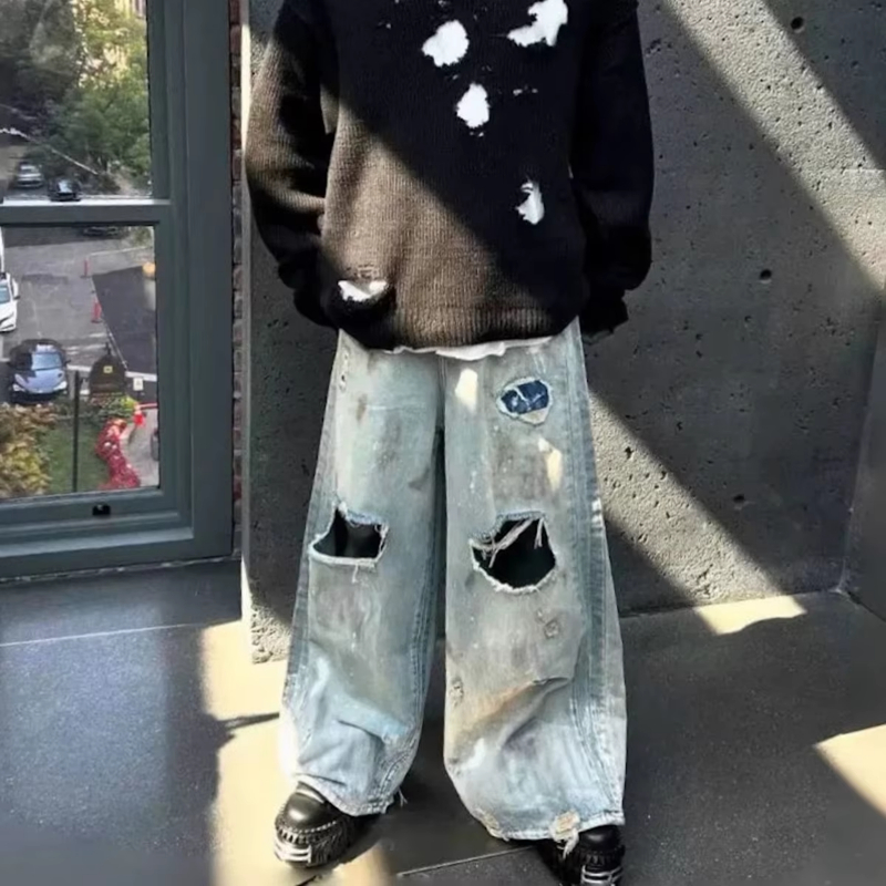 MIJKO Distressed Hole Ripped Mud Dyed Silhouette Baggy Jeans for Men Wide Leg Harajuku Loose Denim Trousers Oversized Casual Cargos
