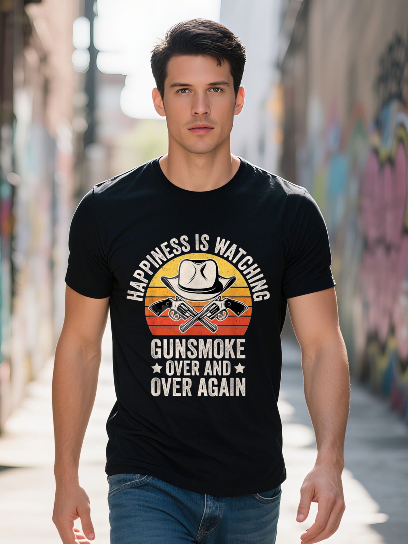 Men's T-Shirt Happiness is Watching Gun and Over Again Design Casual Fit Short Sleeve Black with Colorful Stripes