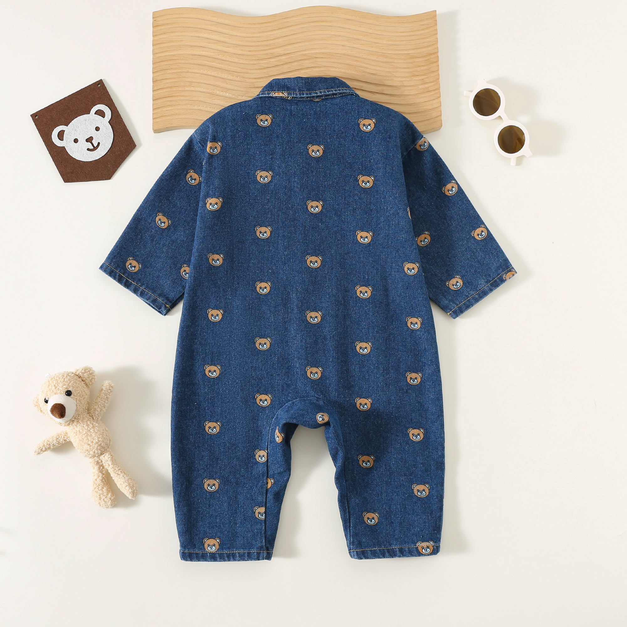 Baby Cowboy jumpsuit Spring and Autumn thin outerwear for boys and girls, with a slightly elastic long sleeved crawling suit that can be opened with a