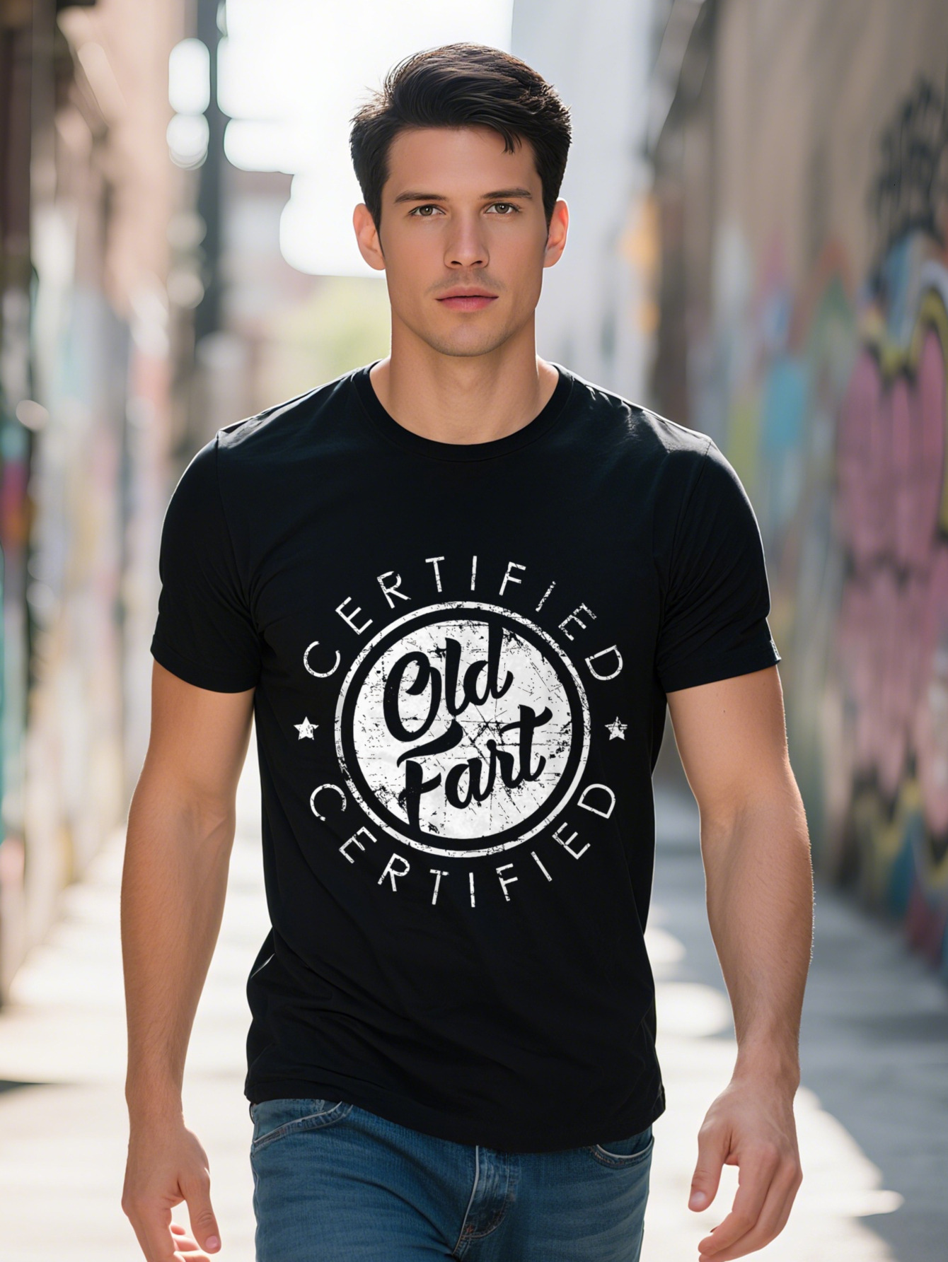 Men s Cotton T Shirt Certified Old Fart Funny Retirement Gift Black with White Text Star Design Casual Crew